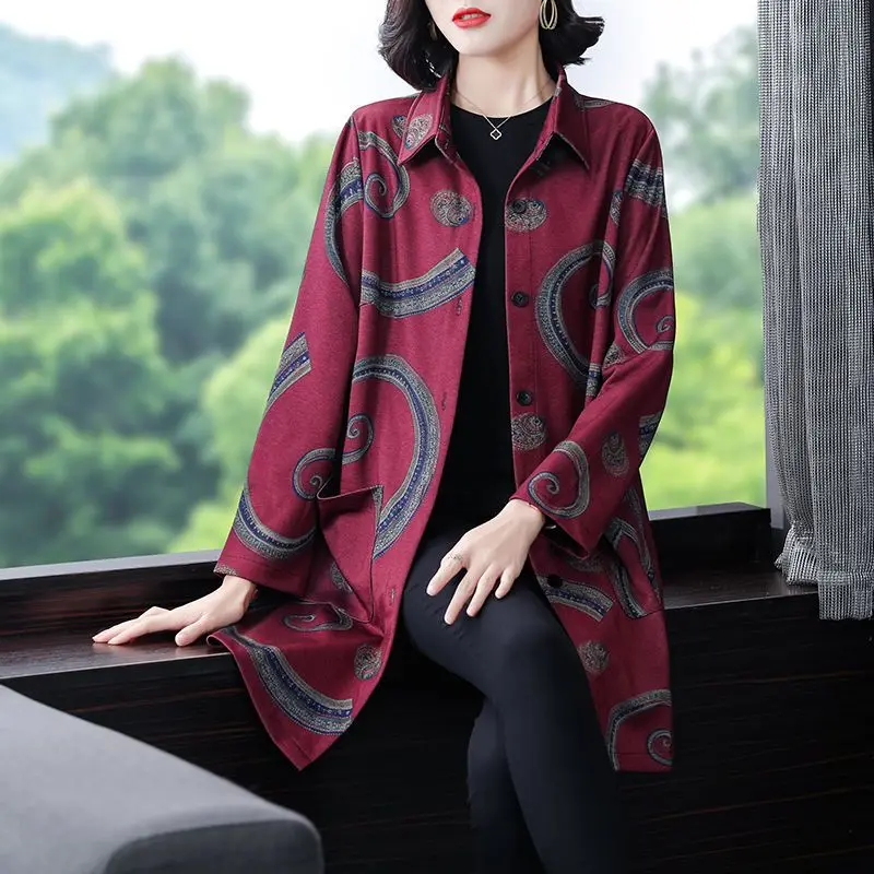 Women's Polo Neck Trench Spring and Autumn Midi Fashion 2023 New Middle-aged Trendy Printed Long Sleeved Pockets Cardigan Coat