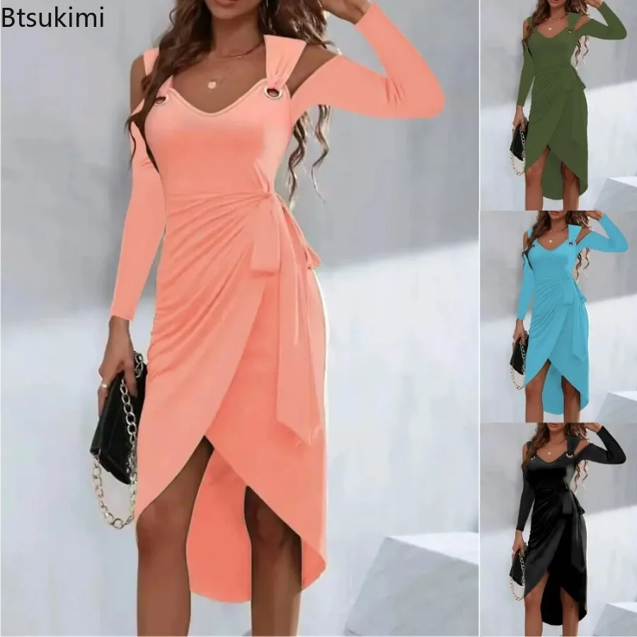 

2024Women's Sexy Off Shoulder V Neck Bandage Dress Solid Spring Autumn Long Sleeve Slim Irregular Evening Party Dress Robe Femme