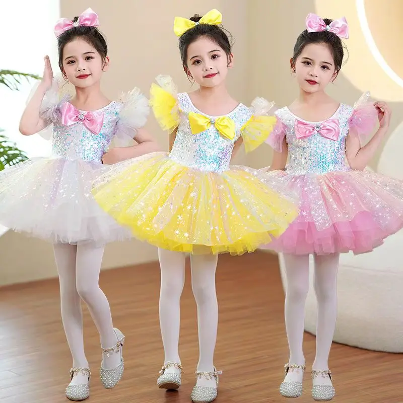 Yellow White Kids Ballroom Clothing Sequined Modern Dance Tutu Dress Girls Dance Costume Stage Wear Wedding Princess Dresses