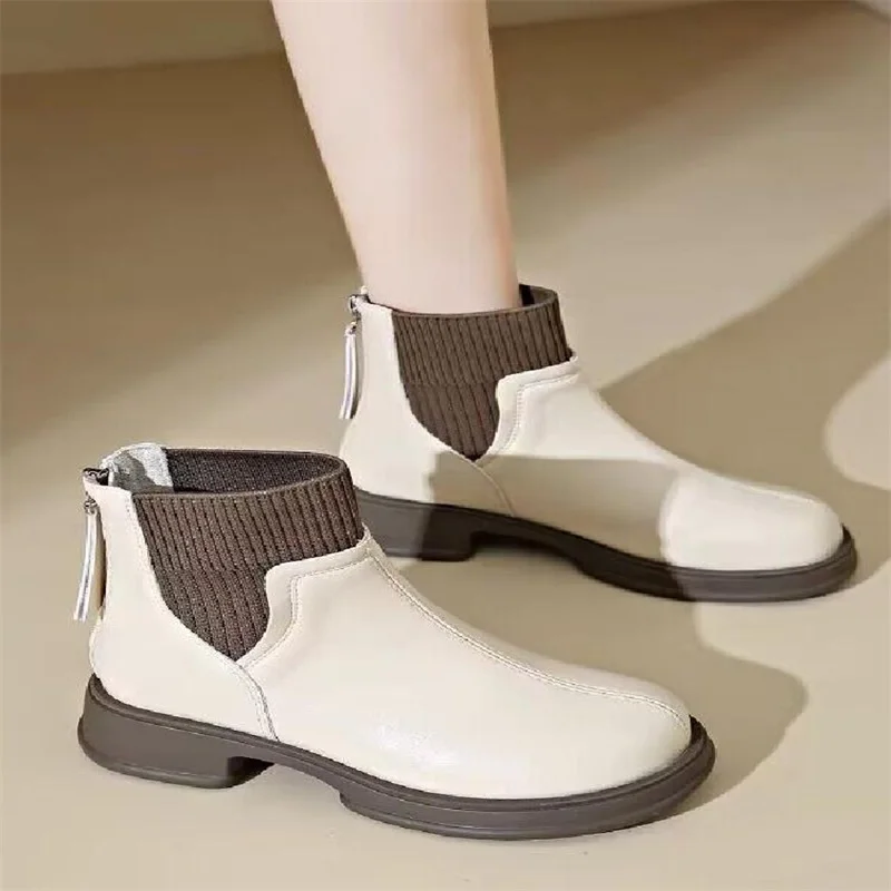 

Short Knitted Boots Platform For Women Fall Winter British Style Back Zipper Shoes Motorcycle Fashion High Heels Streetwear