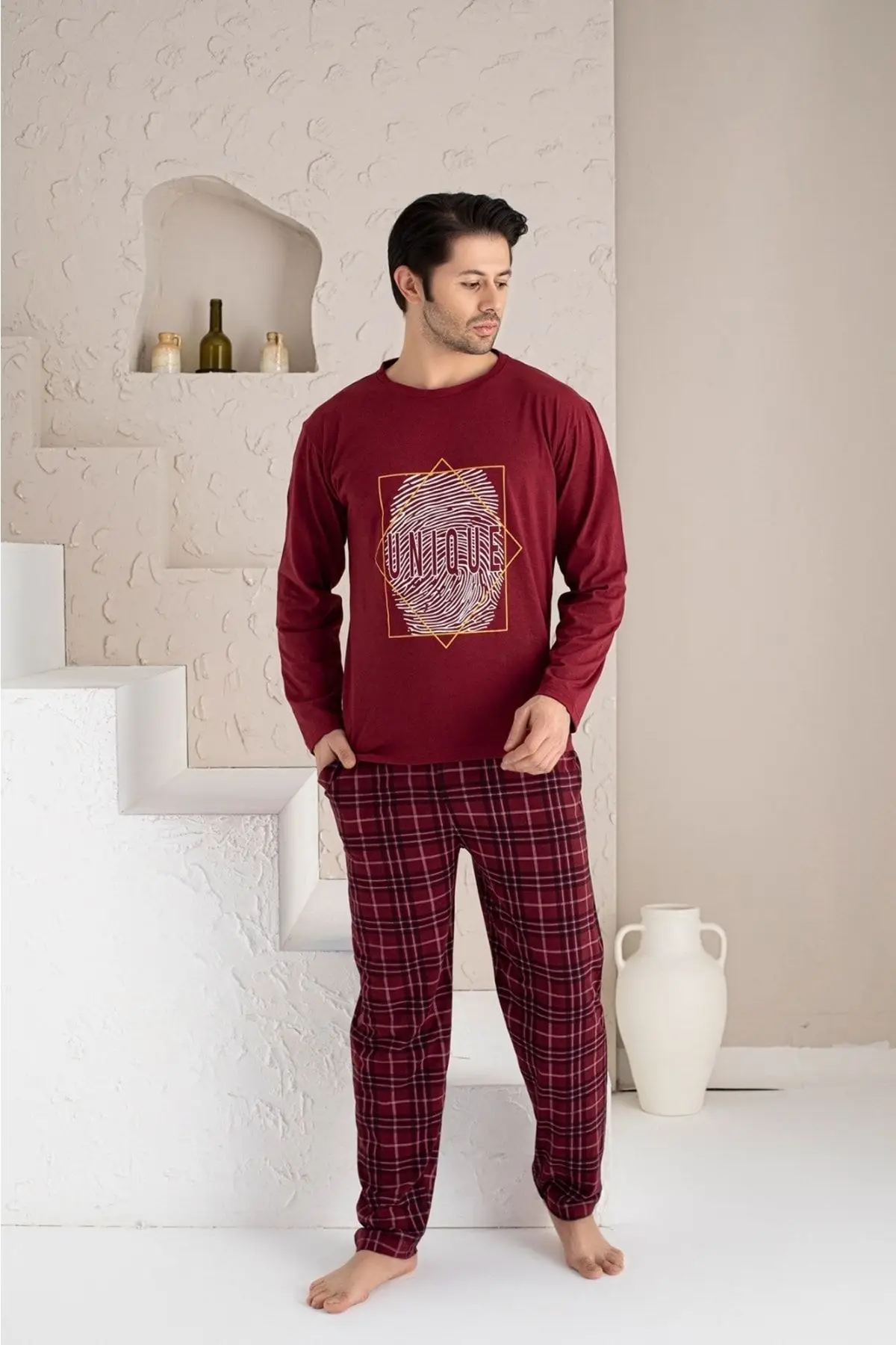 Men's Plaid Patterned Long Sleeve Crew Neck Pajama Set