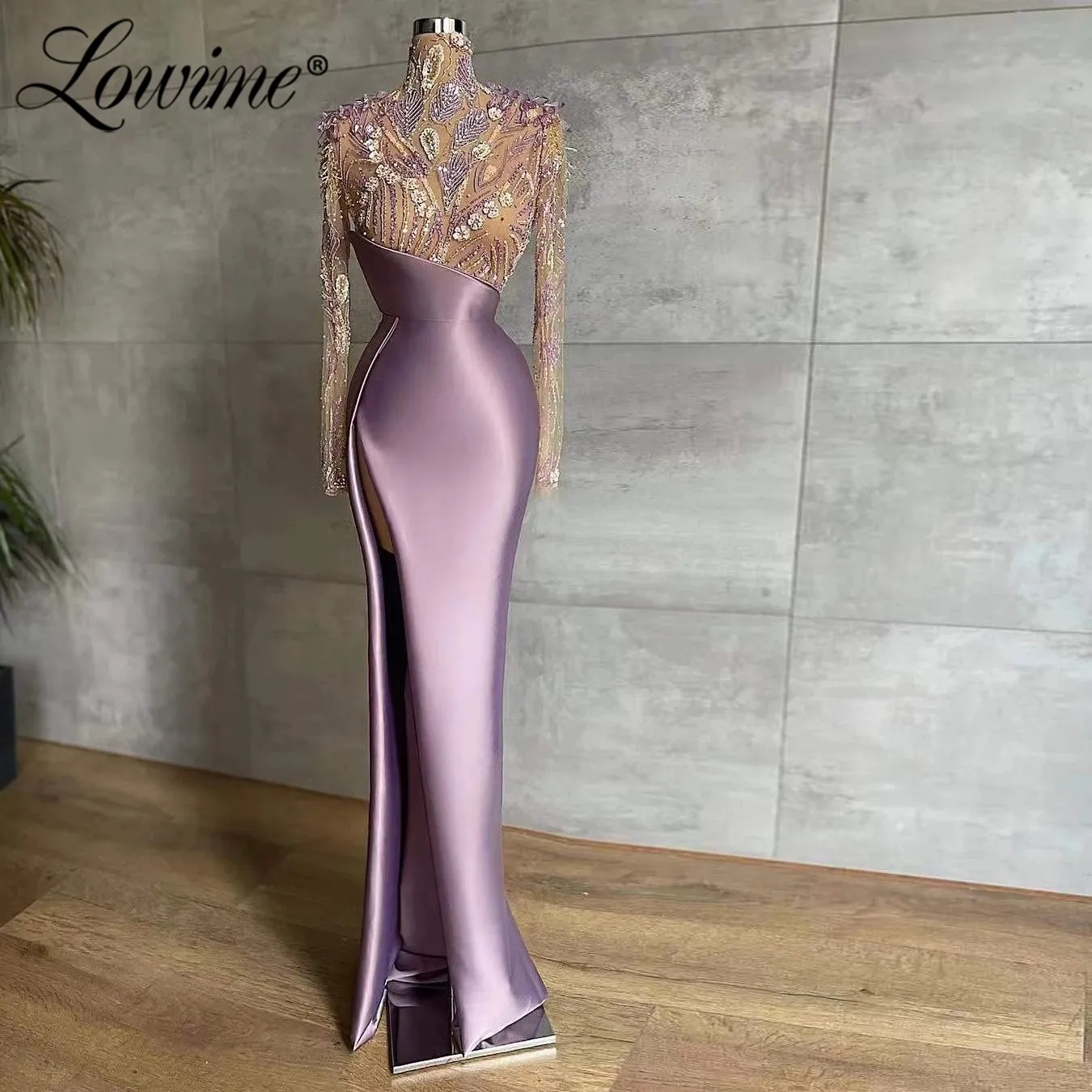 

Lowime Elegant Beading Arabic Long Prom Dress Plus Size Formal Party Evening Gowns Robes De Soirée Mermaid Women Dubai Wear Gown