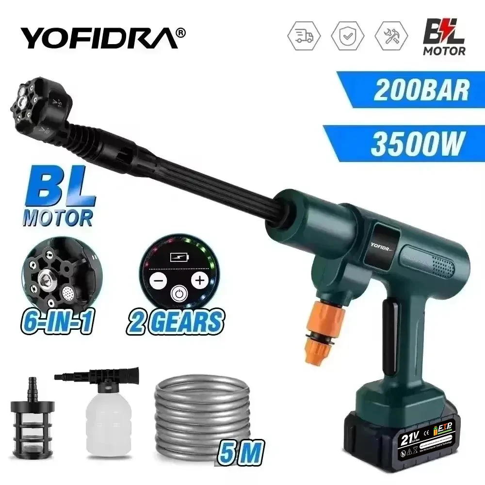 YOFIDRA 200Bar Brushless Electric High Pressure Washer + Bucket Car Washing Garden Water For Makita 21V Battery Pin Spray Gun