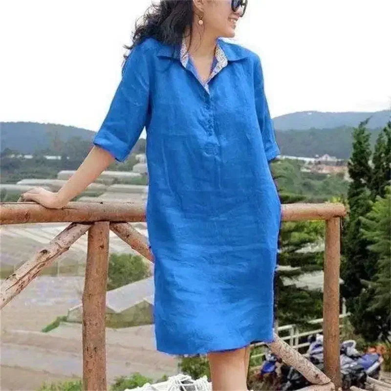 

2024 Spring Cotton Linen Women Dresses Black Turn-down Collar Short Sleeve Loose Oversize Dresses Female Casual Ladies Clothes