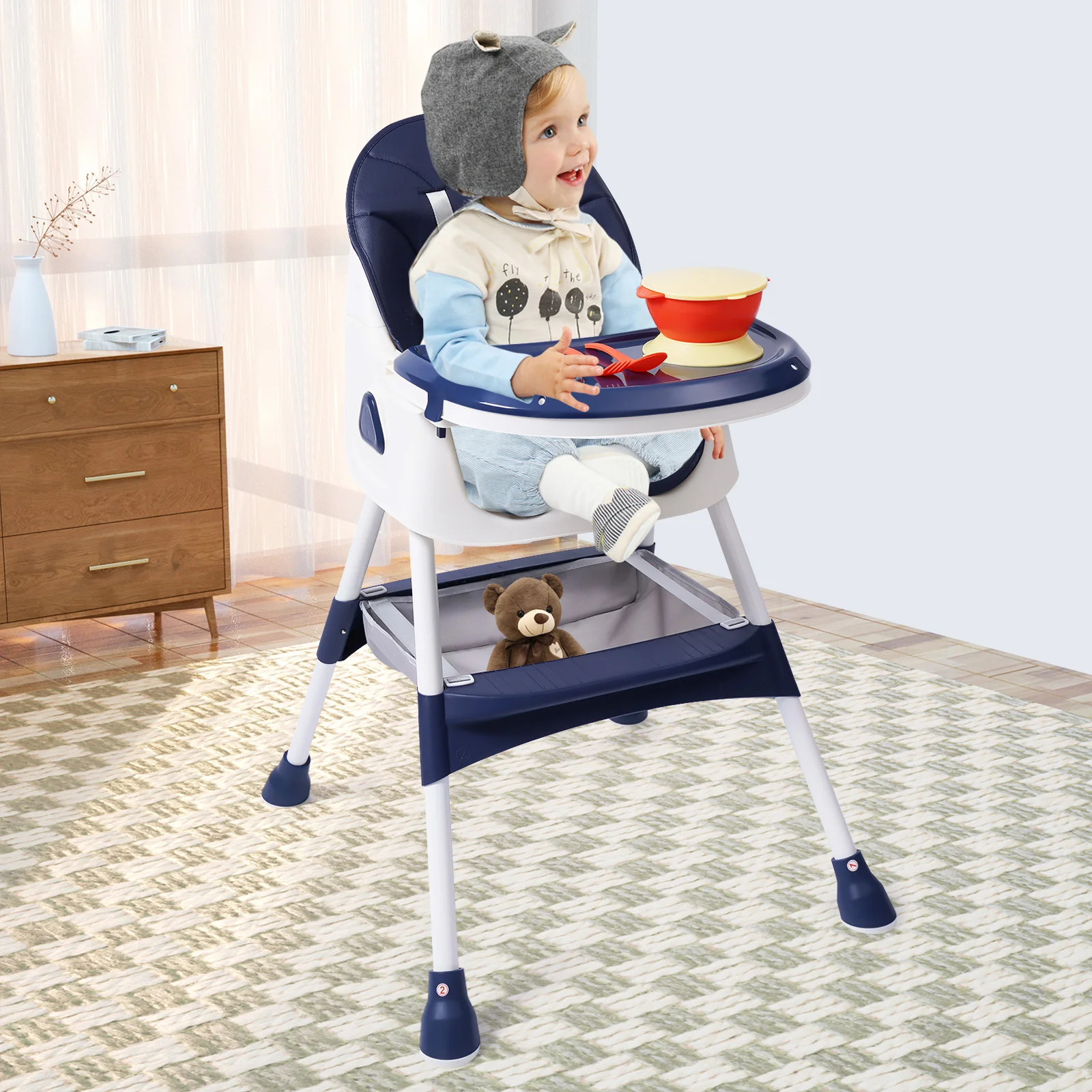 2 in 1 Baby Highchair Foldable Height Adjustable Baby Highchair With Footrest Safety Straps Double Tray For 6 Months to 6 Years