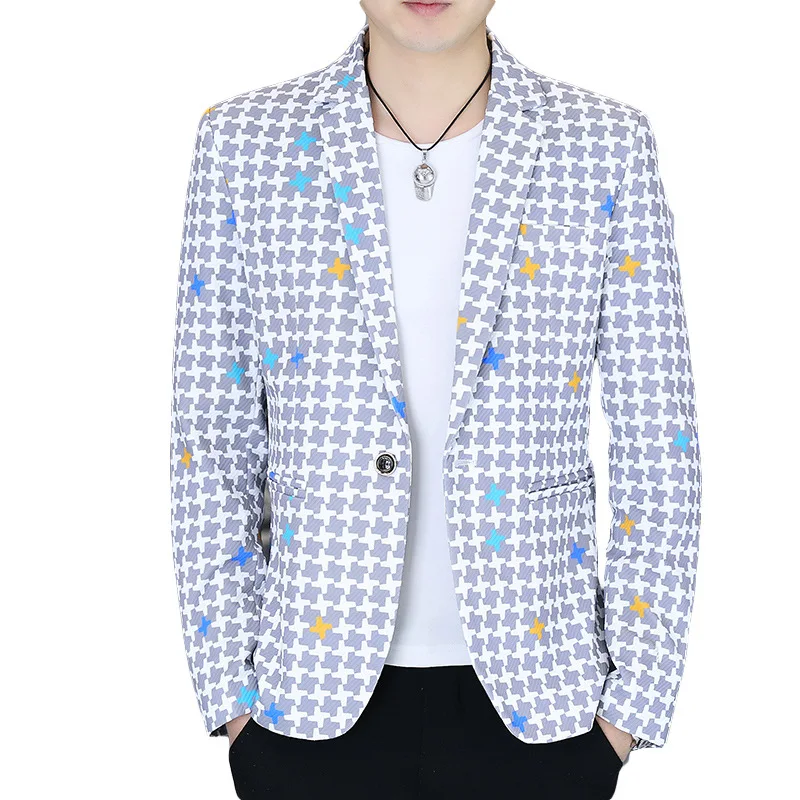 

HOO 2024 Men's Spring New Cross Printed blazer Youth Slim Fit Casual Cool t blazers