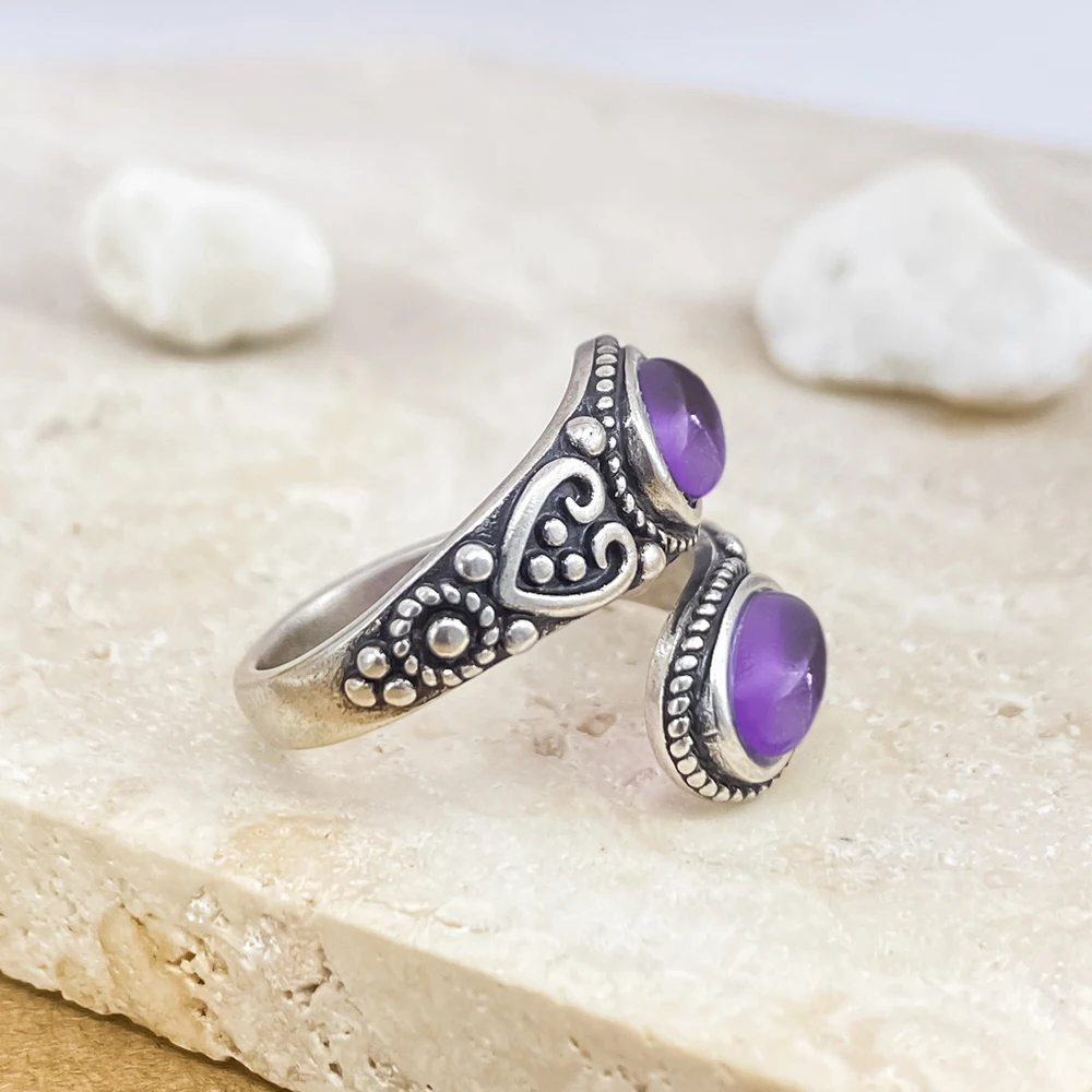 Vintage 925 Silver Ring with Natural Amethyst 6*8mm Adjustable Rings Flower Carved Stamping Bohemia Style Fine Jewelry for Women 4