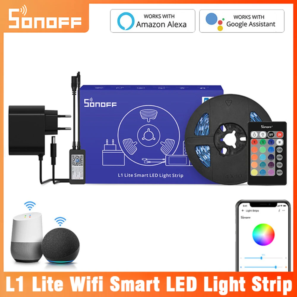 

Умная Светодиодная лента Itead SONOFF L1 Lite с Wi-Fi, 5 м, RGB, с регулируемой яркостью, таймер US/EU, дистанционное управление через приложение, работает с Alexa Google Home