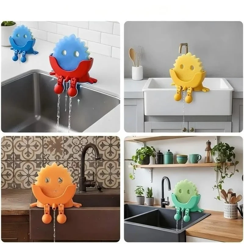 Smiley Dish Scrubber Drain Rack - Home Kitchen Scrubber Sponge Storage Box with Convenient and Innovative Design