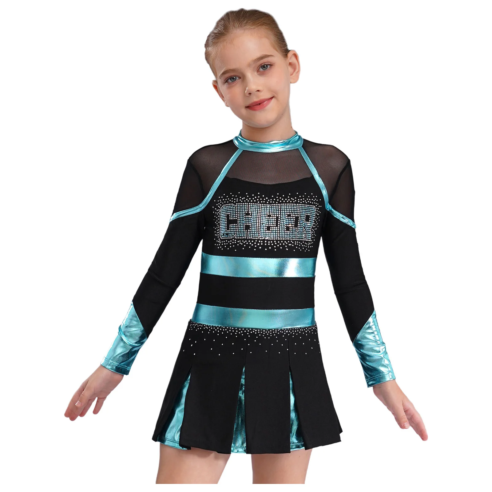 Kinder Mädchen Cheerleading Uniform Cheerleader Tanzkostüm Glitzernde Strasssteine Buchstabenmuster Metallic Langarm Plissee Kleid – Detail 35