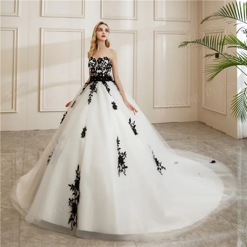 Black A-Line Wedding Dress Strapless Black Applique Sash Tulle