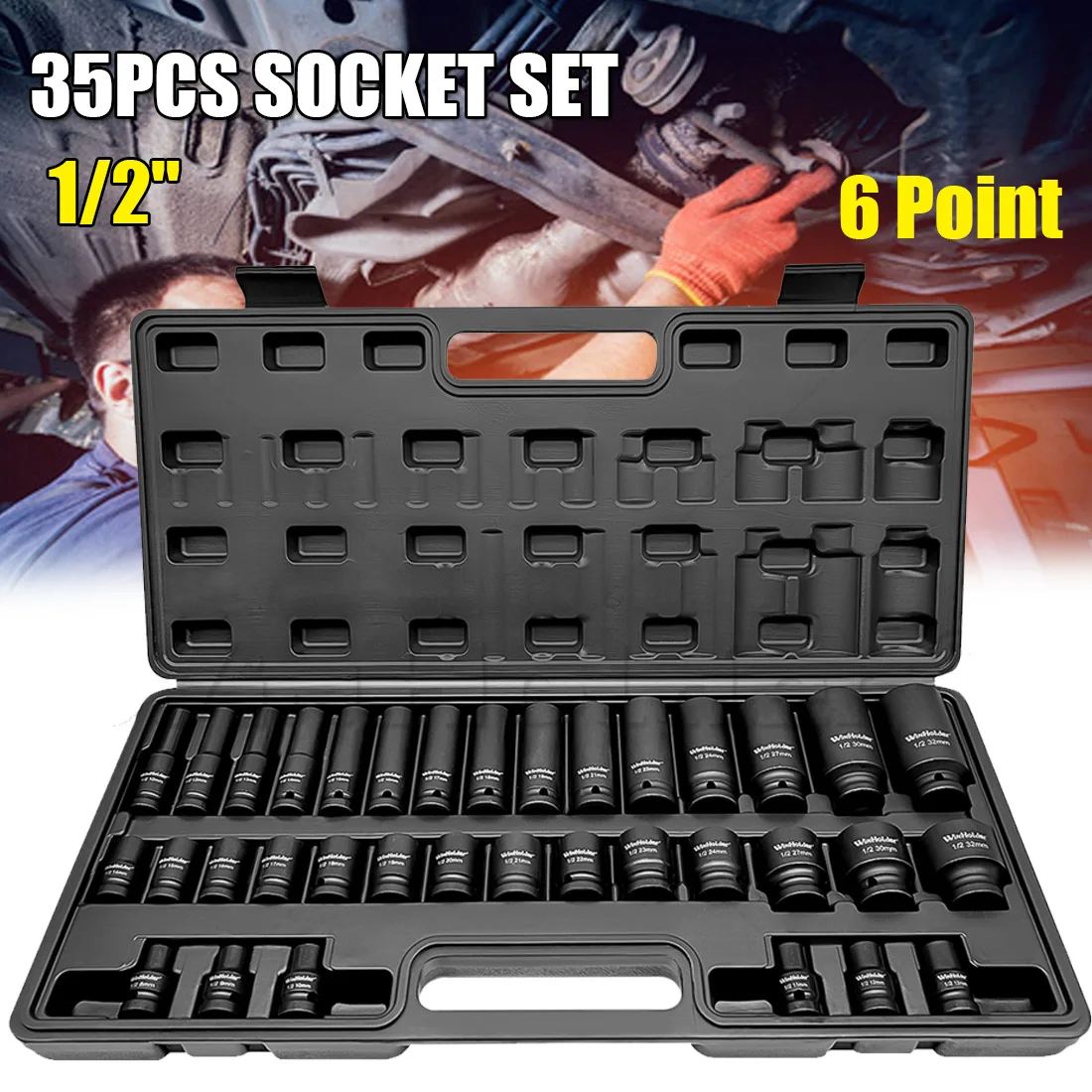 35 Pcs DEEP IMPACT Socket Set 1/2" 6 Point Drive Long Reach Impact Sockets 8mm-32mm Car Repairing Tools with Black Case