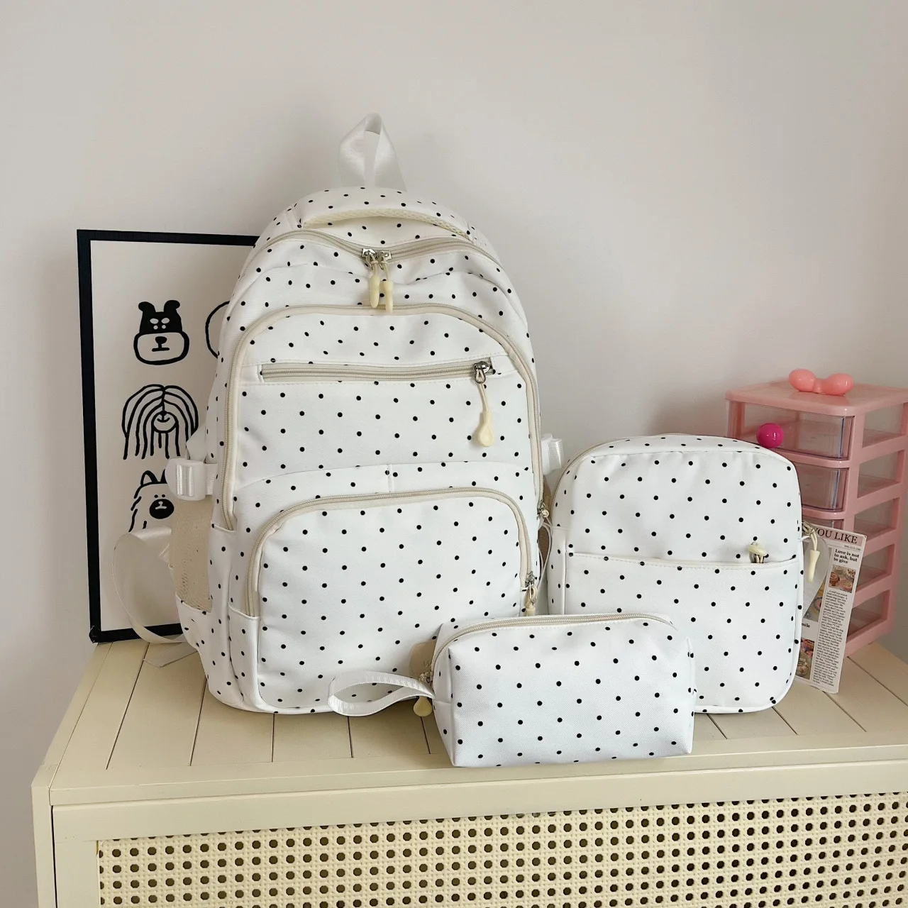 Charming Polka Dot 3-Piece Backpack, Crossbody Bag & Pencil Case Set - Large-Capacity Casual Travel Pack