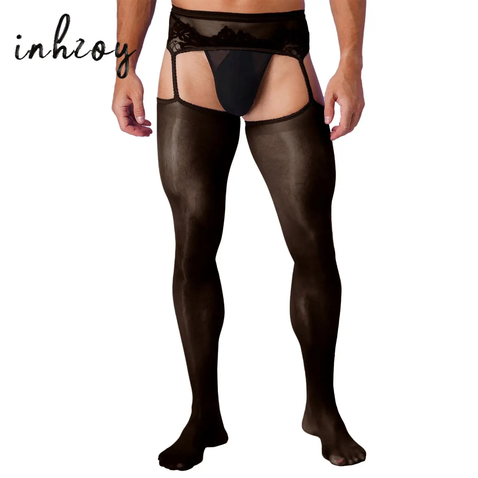 Gay Mens Sissy Lingerie Sheer Lace Mesh Suspender Pantyhose See Through Ultrathin Footed Open Crotch Leggings Garter Stockings