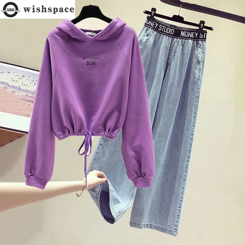 2022 New Korean Spring and Autumn Loose Sports Top Age Reducing Set Women's High Waist Wide Leg Jeans Two-piece Set uprakf letter print sweater zip up cosy fashion trendy warm autumn leisure outwear clothes sports style high neck