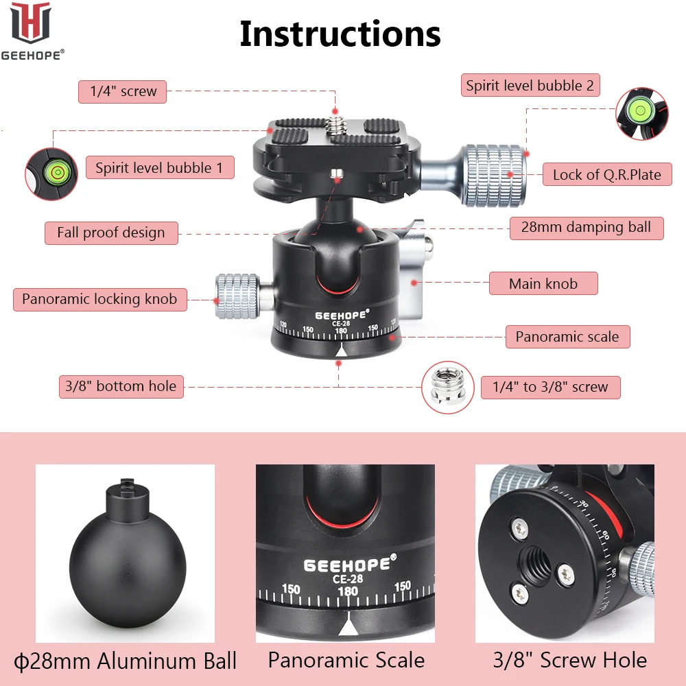 Geehope CE-28 로우 프로파일 삼각대 헤드, Arca Swiss Plate가 있는 DSLR 카메라용 360 ° 파노라마 금속 볼 헤드, 1/4 인치 나사 하중 5kg