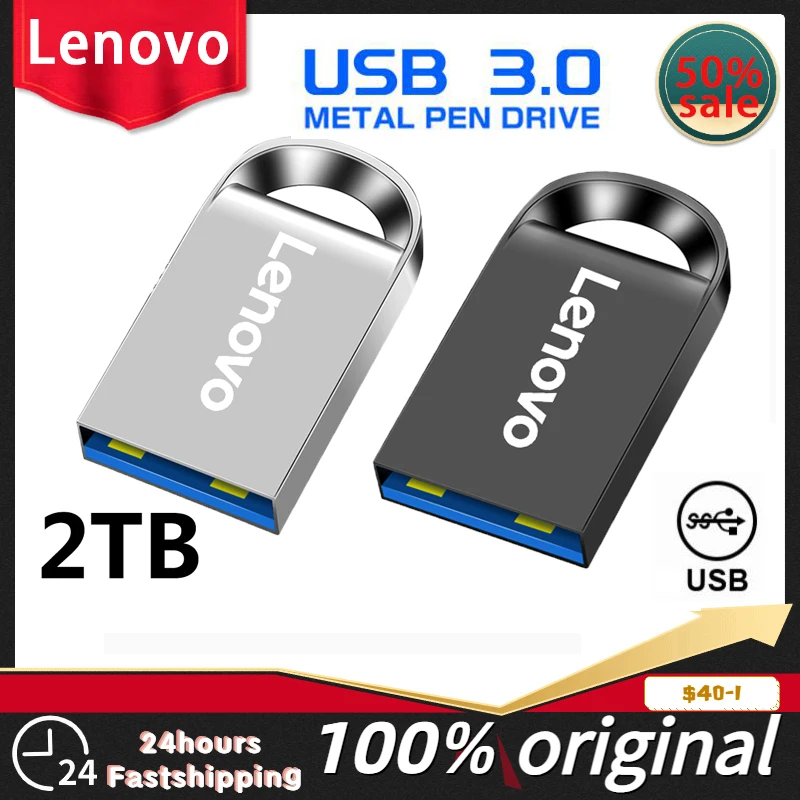 레노버 미니 메탈 USB 플래시 드라이브, 실제 용량 메모리 스틱, 블랙 펜 드라이브, 크리에이티브 비즈니스 선물, 실버 ...
