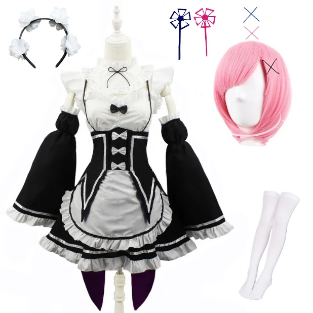 thumbnail image 1 of Anime Ram Rem disfraz de sirvienta Lolita Cosplay Vestido Re:zero Kara Hajimeru Isekai Seikatsu disfraces de Halloween para mujeres Vestido Loli, 1 of 5