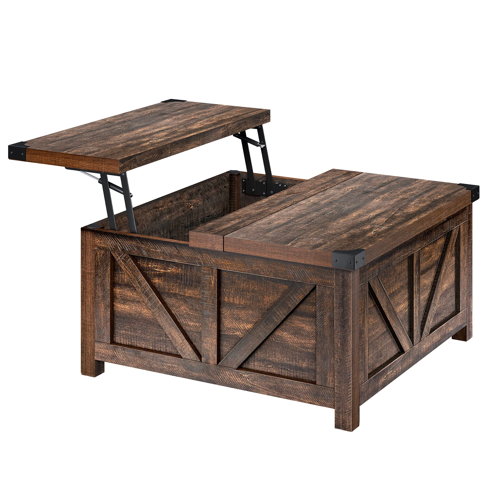 Farmhouse Lift Top Coffee Table, Living Room Central Table with Hidden Space, Wood Square Center Table w/Charging Station, Brown