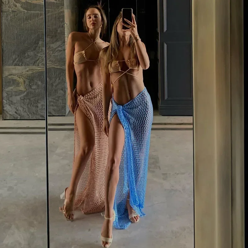 Beach Cover Up Dress Knit Long Skirts Mesh Hollow Out Wrap Midi Skirt Party Outfits fishnet cover up swimsuit cover up swimsuit coverup beach dress set