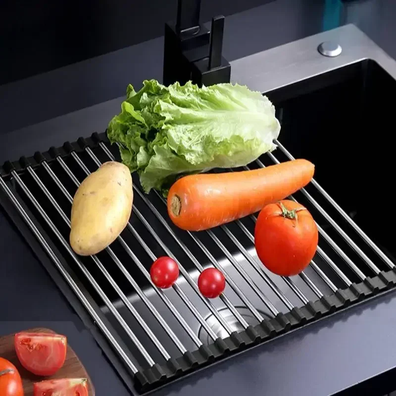 Foldable Kitchen Dish Drying Rack Stainless Steel Bowl Fruit Vegetable Dish Holder Sink Roller Organizer Basket Racks Tool 2