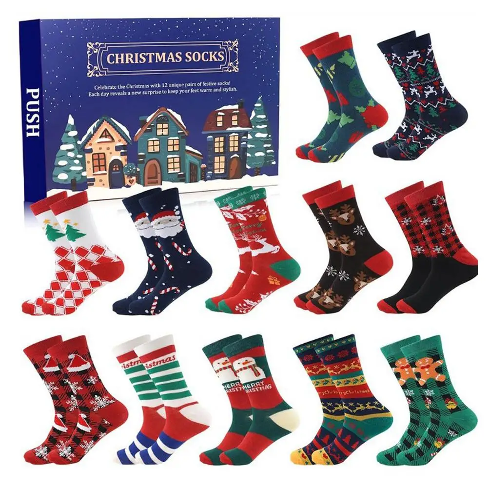 12/24Pairs Christmas Stocking Advent Calendar 12/24 Days Of Socks Festive Holiday White Christmas Colorful Socks For Men