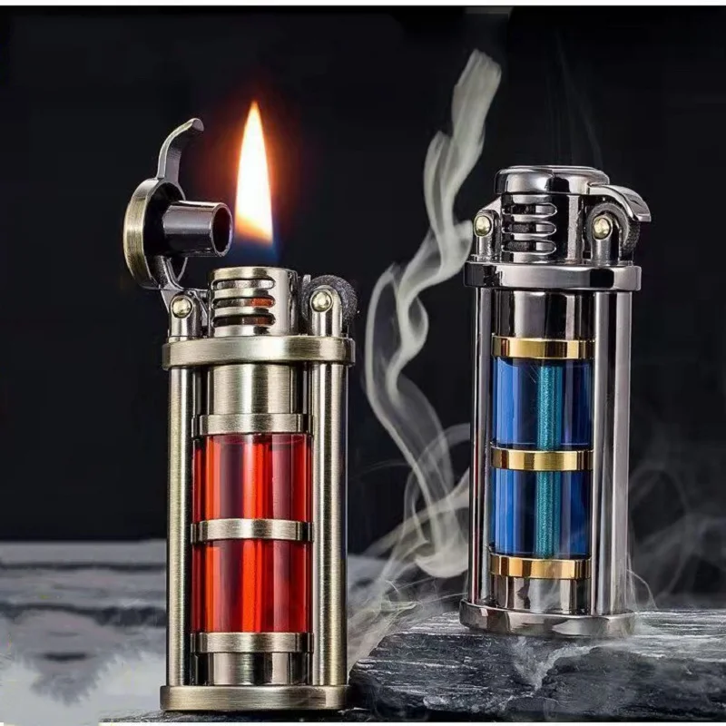 

2023 New Personalized Creative Transparent Bunker Kerosene Windproof Lighter Vintage Grinding Wheel Ignition Metal Lighter