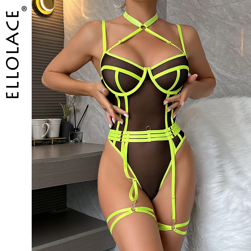 

Ellolace Lace Bodysuit Contrast Color See Through Halter Body Seamless Open Crotch Teddy One Piece Bodysuits Sexy Fine Tops