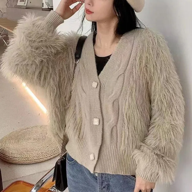 

2023 Fall and Winter New Women's Short Imitation Mink Velvet Knitted Cardigan Loose Thin Sweater Commuting Leisure Jacket Tops