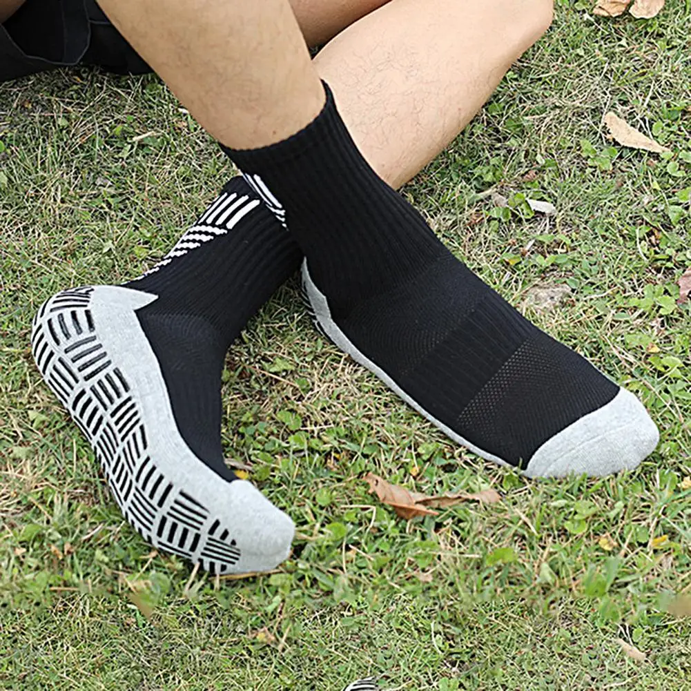 Sports Socks 1 Pair Football Socks Anti-slip Sweat-absorbent Striped Mid Calf Men Soccer Cycling Sports Grip for Running