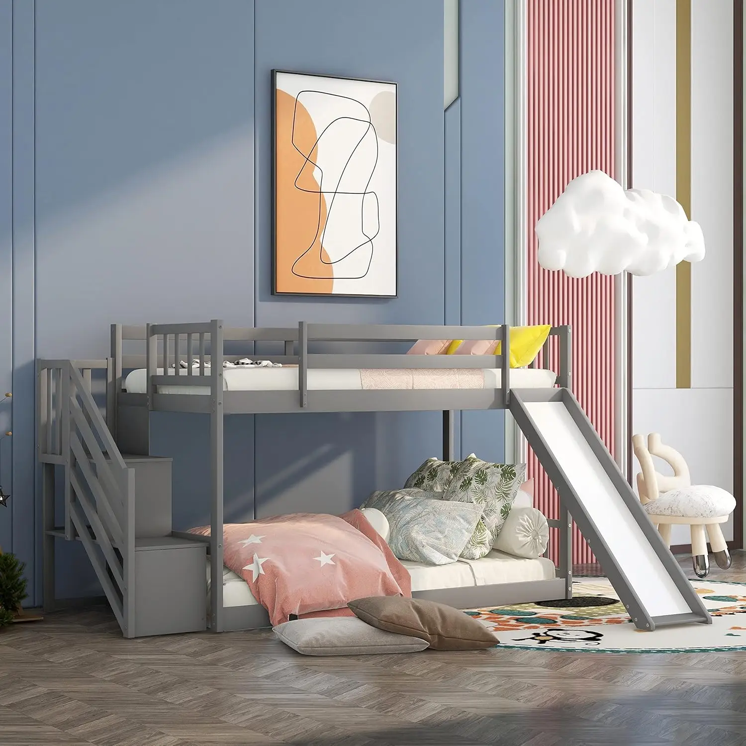 Twin Bunk Beds with Slide for Kids, Low Profile Bunk Beds with Staircase, No Box Spring Needed 6