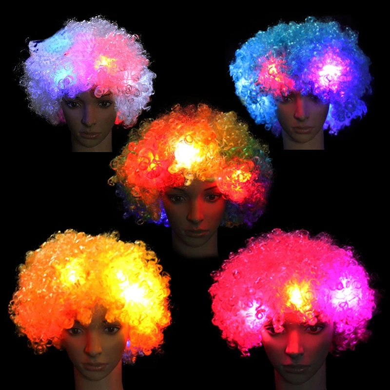 

LED Tron Dance Wear Adult Soccer Fan Explosion Wig Light Up Blink Curly Party Hat Glow Clown Luminous Festival Christmas Props