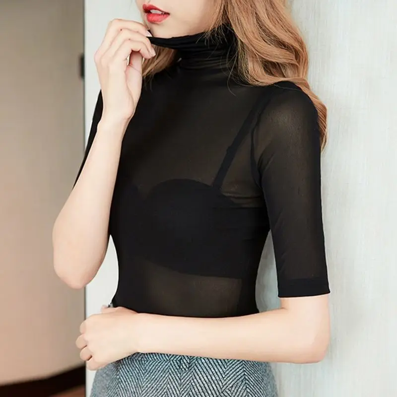 

Harajuku Turtleneck Mesh T-shirt Tops Y2k Bottom Shirt Women Short Sleeve Lace Tights Blouses Streetwear Sexy Tops Women Clothes