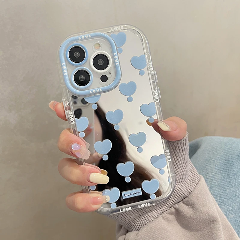 Korean Blue Love Heart Makeup Mirror Phone Case for iPhone