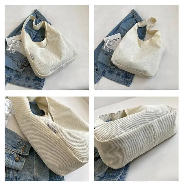 Borsa Tote In Velluto A Coste Donna - Grande Capacità, Strisce Colorate, Per Shopping E Ufficio - Foto 2