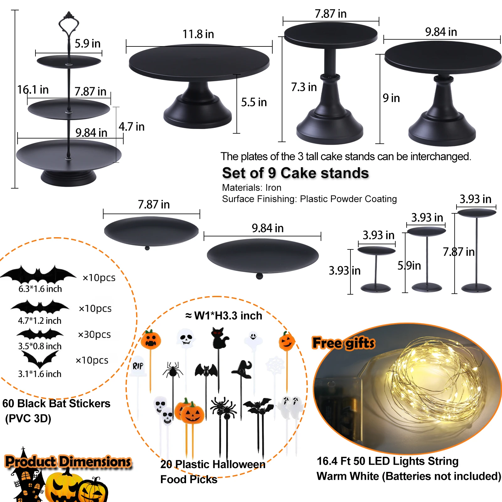 9Pcs Black Cake Stand Set with Halloween Decorations- LED String Lights, Dessert Table Display Set, Cupcake Stands for Party