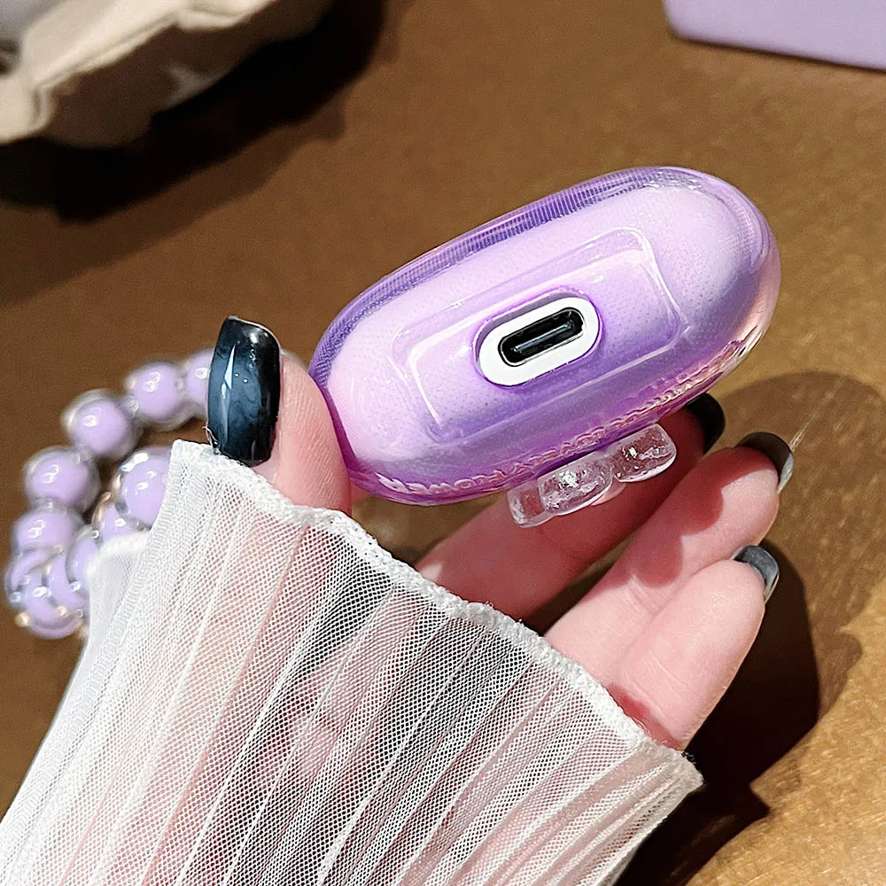 Korean Floral Soft TPU Clear Protective Earphone Case with Beaded Bracelet Pendant