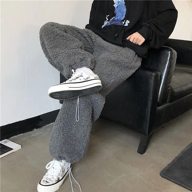 Winter Lamb Fluffy Warm Thick Sweatpants Joggers Women Harajuku Wide Leg Harem Pants Baggy Casual Straight Trousers Korean Style