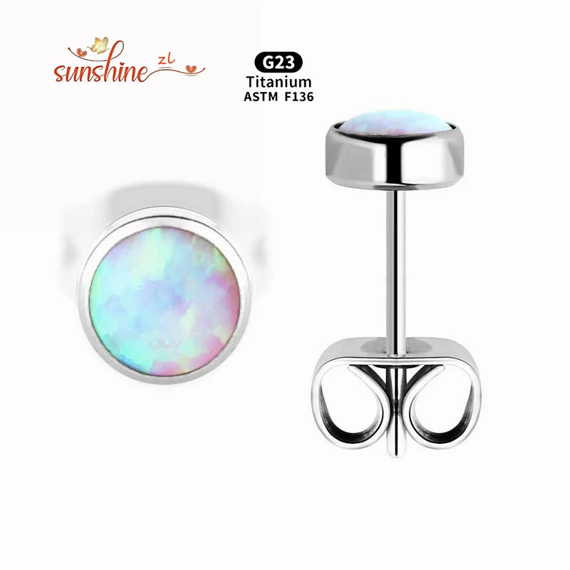 A Pair G23 Titanium Anti-allergic Earrings 4MM 5MM Opal Birthstone Ear studs Small Stud Earrings for Women 4