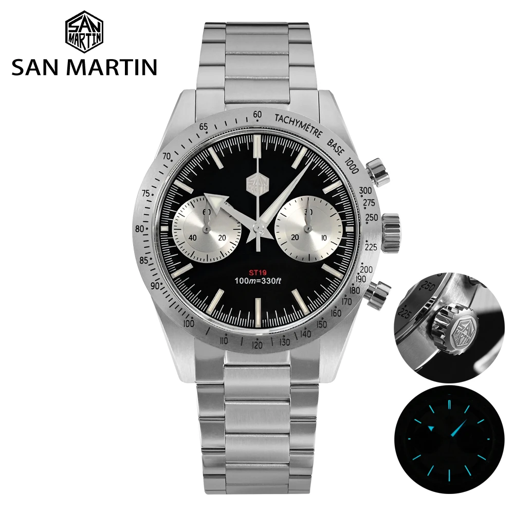 San Martin Men Sports Chronograph Watch 40mm SM57 Vintage Luxury ST1901 Manual Mechanical Sapphire 10 ATM BGW9 Luminous SN0103G for 5 speed manual gear shift knob sports lever handball for peugeot 106 206 306 406 107 207 307 407