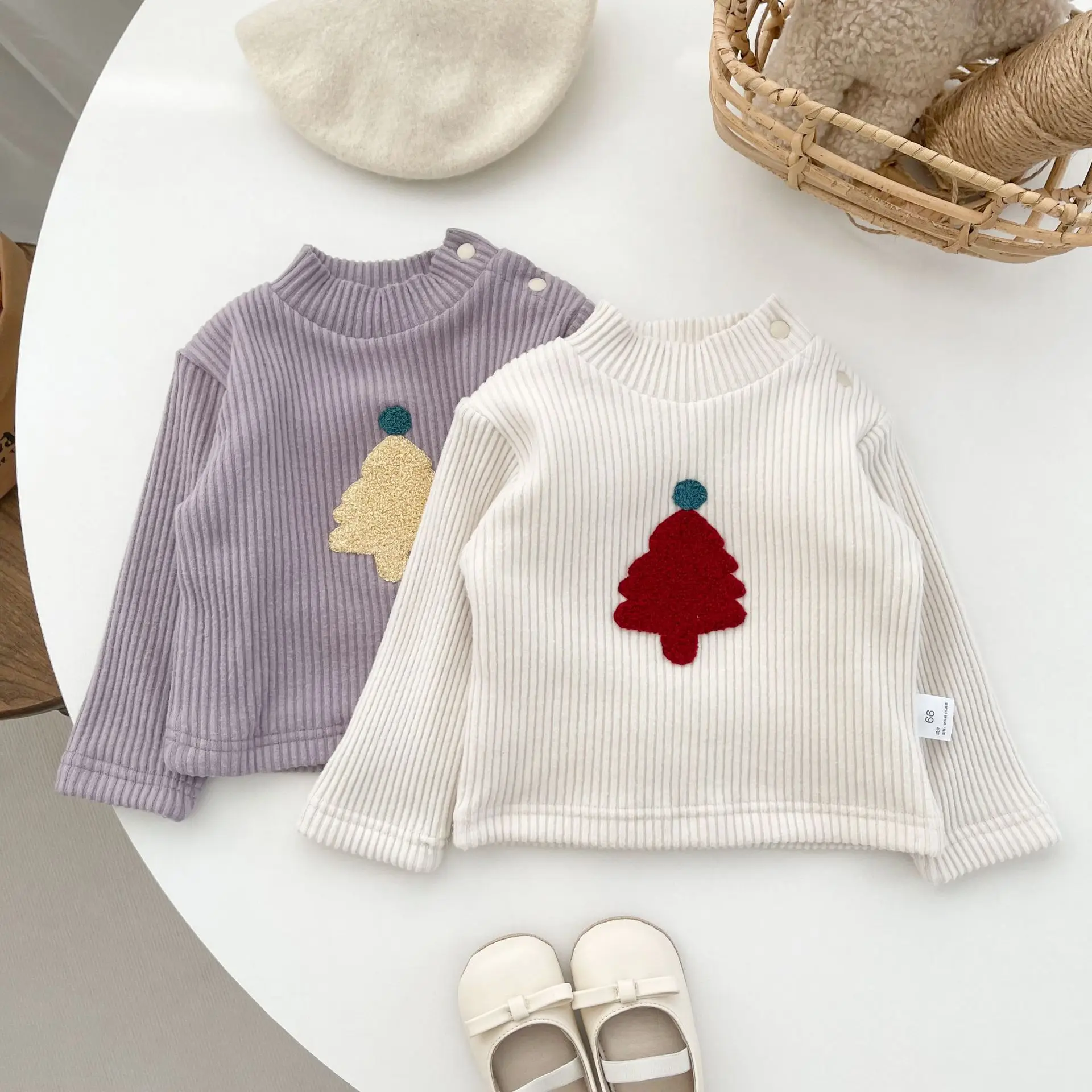 

Autumn Winter New Girl Baby Plus Velvet Embroidery Christmas Tree Warm Bottoming Shirt Boy Chidlren Ribbed Cotton Fleece T-shirt