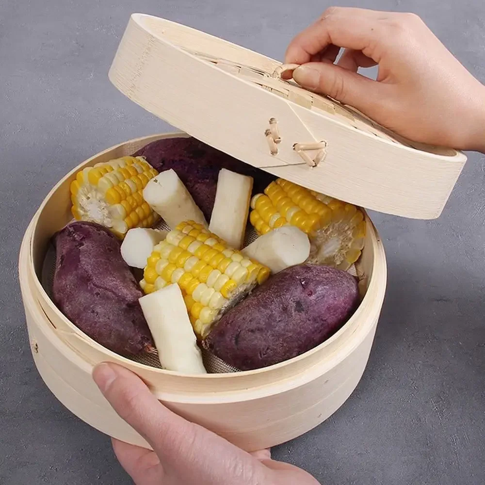 뚜껑이 달린 대나무 스티머 바구니, 만두 스티머 바구니, 중국 바오 빵 요리용 대