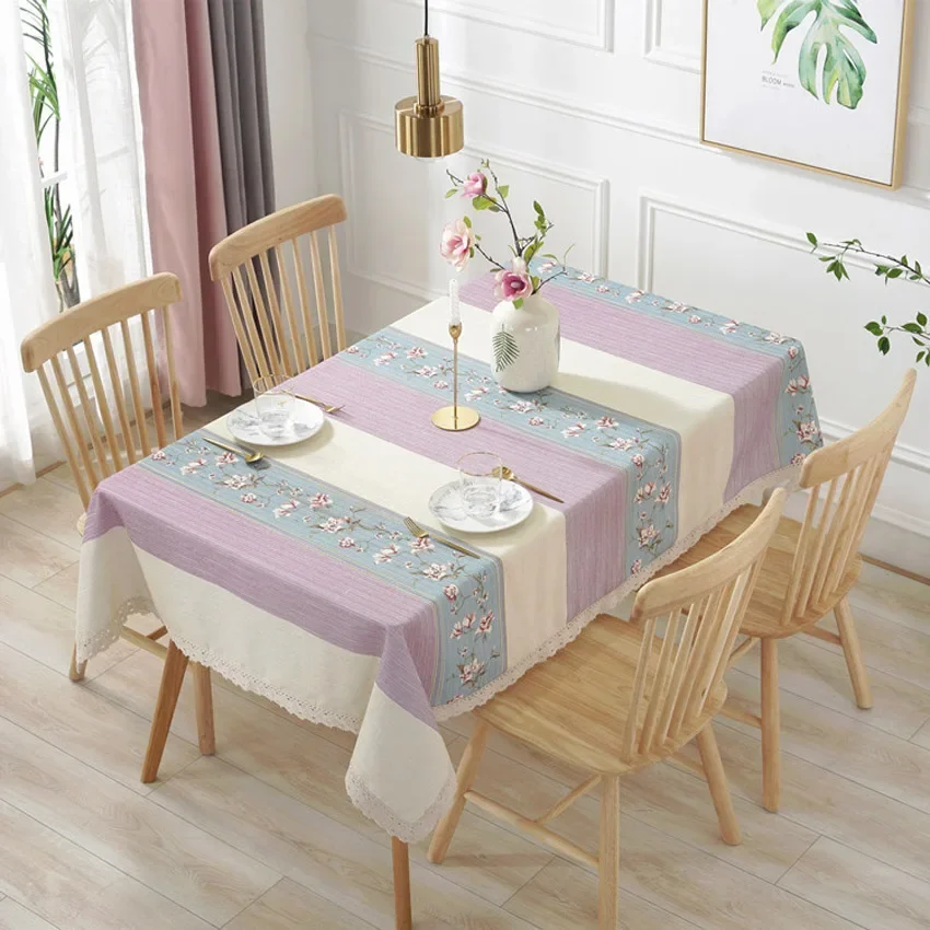 

Pastoral Striped Floral Cotton Linen Lace Tablecloth Kitchen Table Cover Rectangular Dining Table Cloth Watherproof Obrus