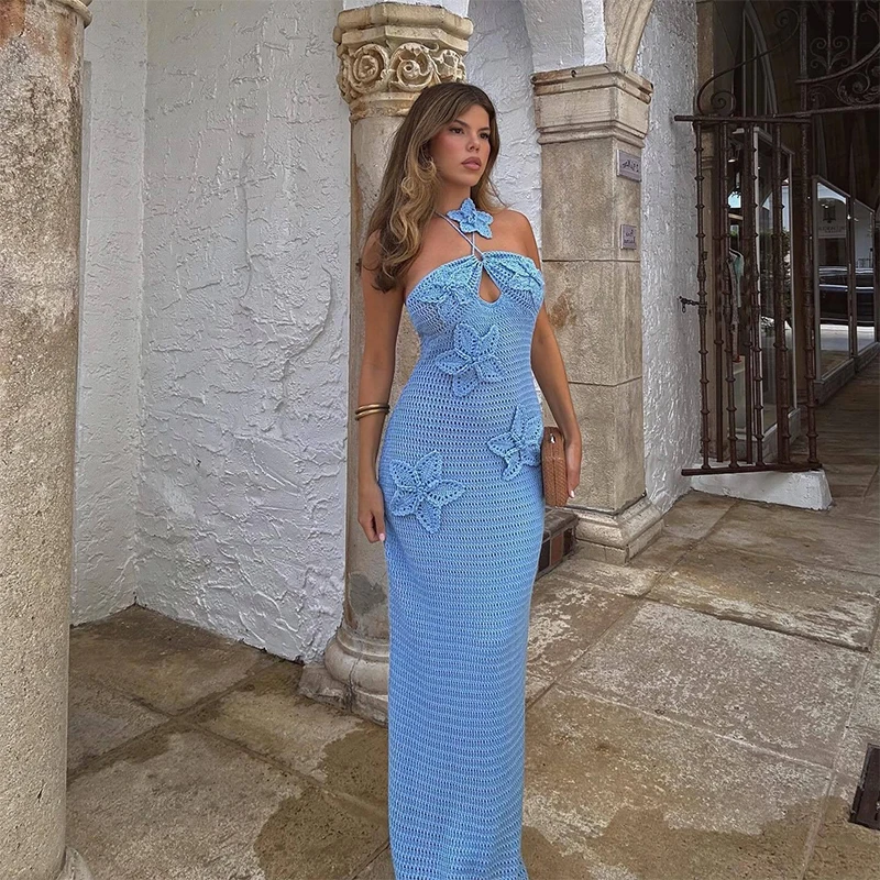 Sexy Knitted Flower Long Dress Women Hollow Halter Sleeveless Maxi Dresses Female Summer Fashion Vacation beach Vestidos