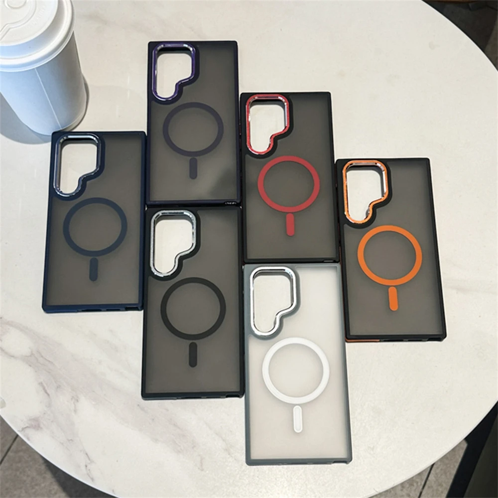 Luxury Matte Magnetic Phone Case For Samsung Galaxy S24 S23 S22 Ultra Plus For Magsafe Wireless Charging Shockproof Back Cover