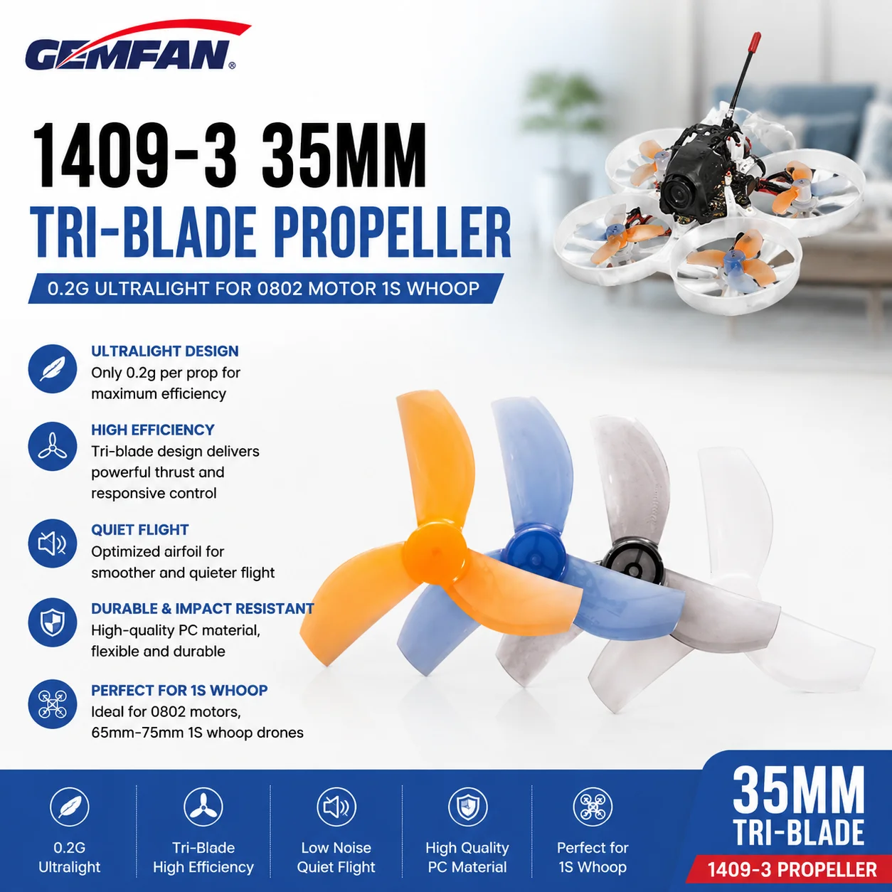 Gemfan 1409-3 35mm Dreiflügel-Propeller 0,2g für 0802 Motor 1S Whoop