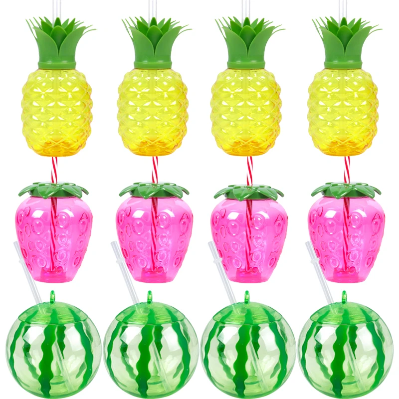 6/8 Stück Kunststoff-Trinkbecher in Ananas-/Erdbeere-/Wassermelonenform mit Strohhalm, hawaiianisches Dekor, Sommer, Strand, Pool, Partyzubehör