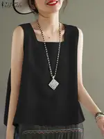 ZANZEA Summer Tanks Tops Women Square Neck Sleeveless Blouse Elegant Cotton Shirt Casual Solid Holiday Beach Blusas Female Tunic - Image 3