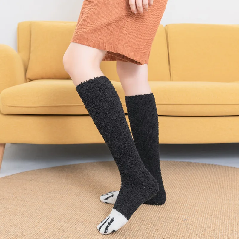 6 pairs Floor Socks Winter Women Cat Paw Thick Coral fleece Warm Socks Hosiery Animal Cute Stocking Long Kawaii Cartoon Striped