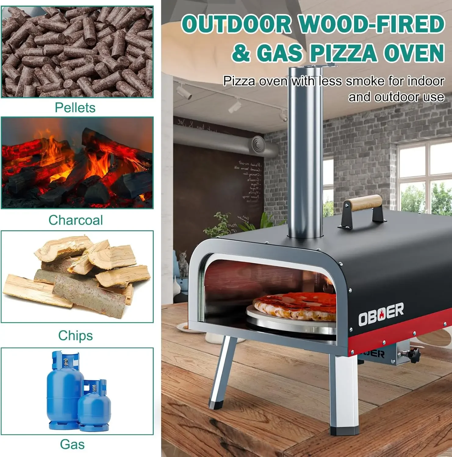 Oven Outdoor,13" Multi-Fuel Pizza Maker,Rotatable Pizza Ovens,Portable Wood Fired and Gas Oven,Stainless Stee